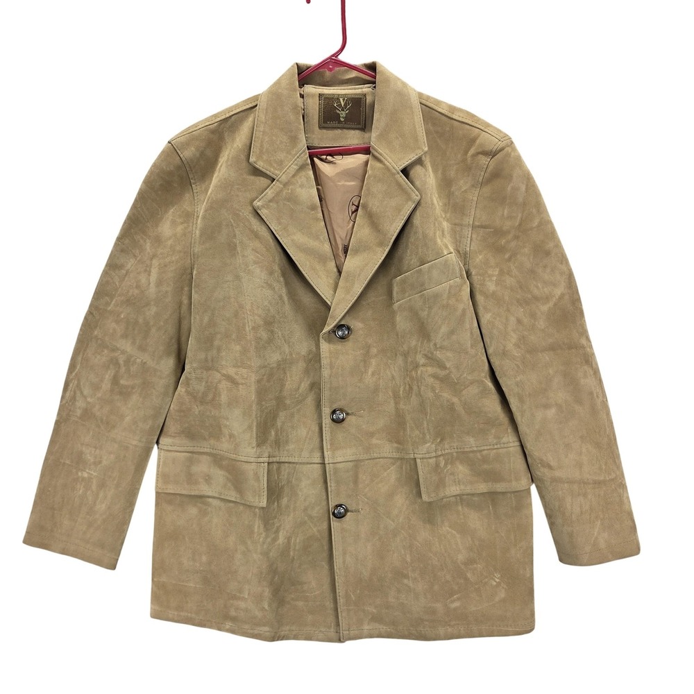Mens Faux Suede Blazer Jacket L Beige Made In Italy 3 Button Notch Lapel